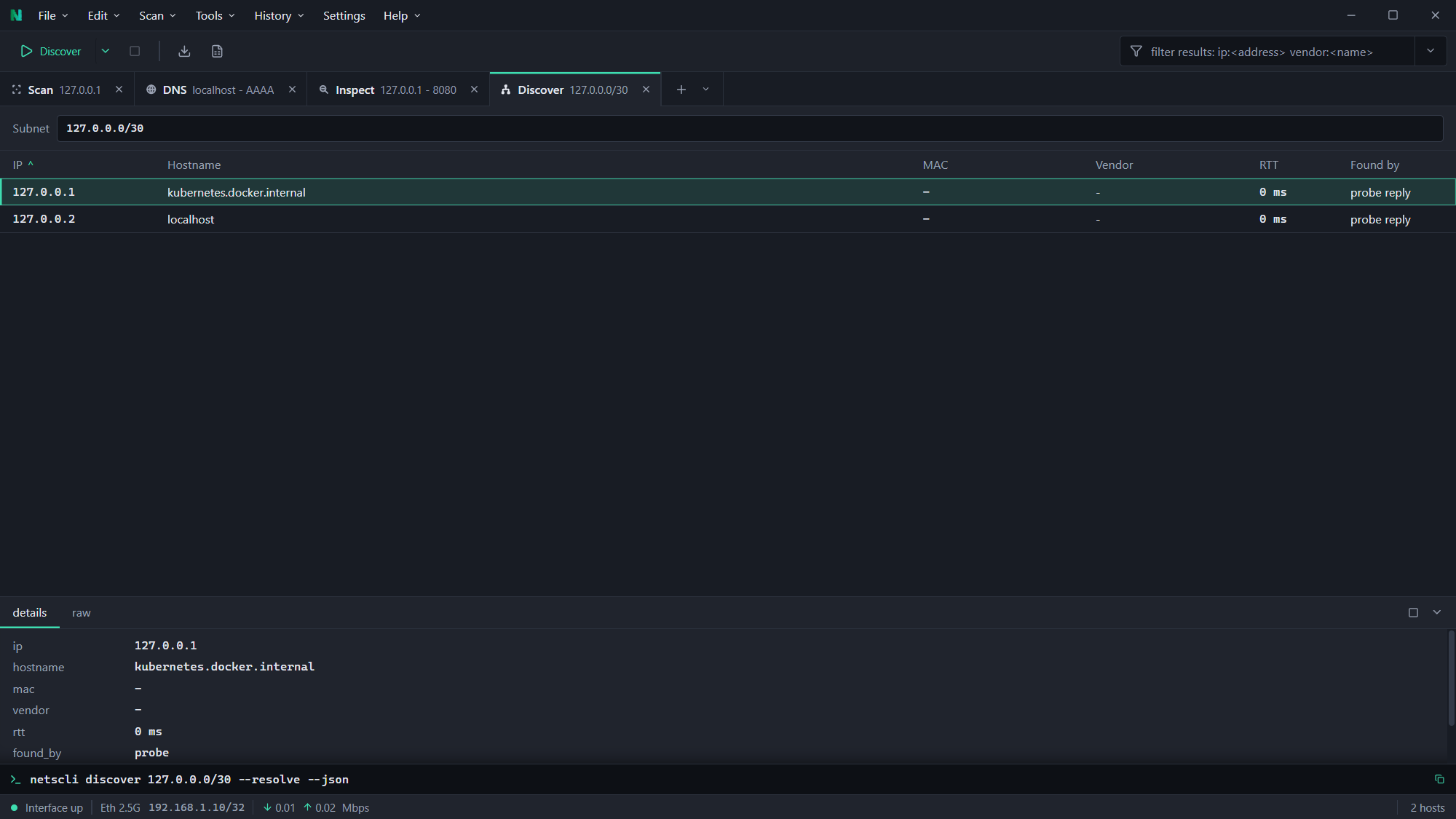 Host discovery in NetsCLI Desktop, with several operation tabs open along the tab strip