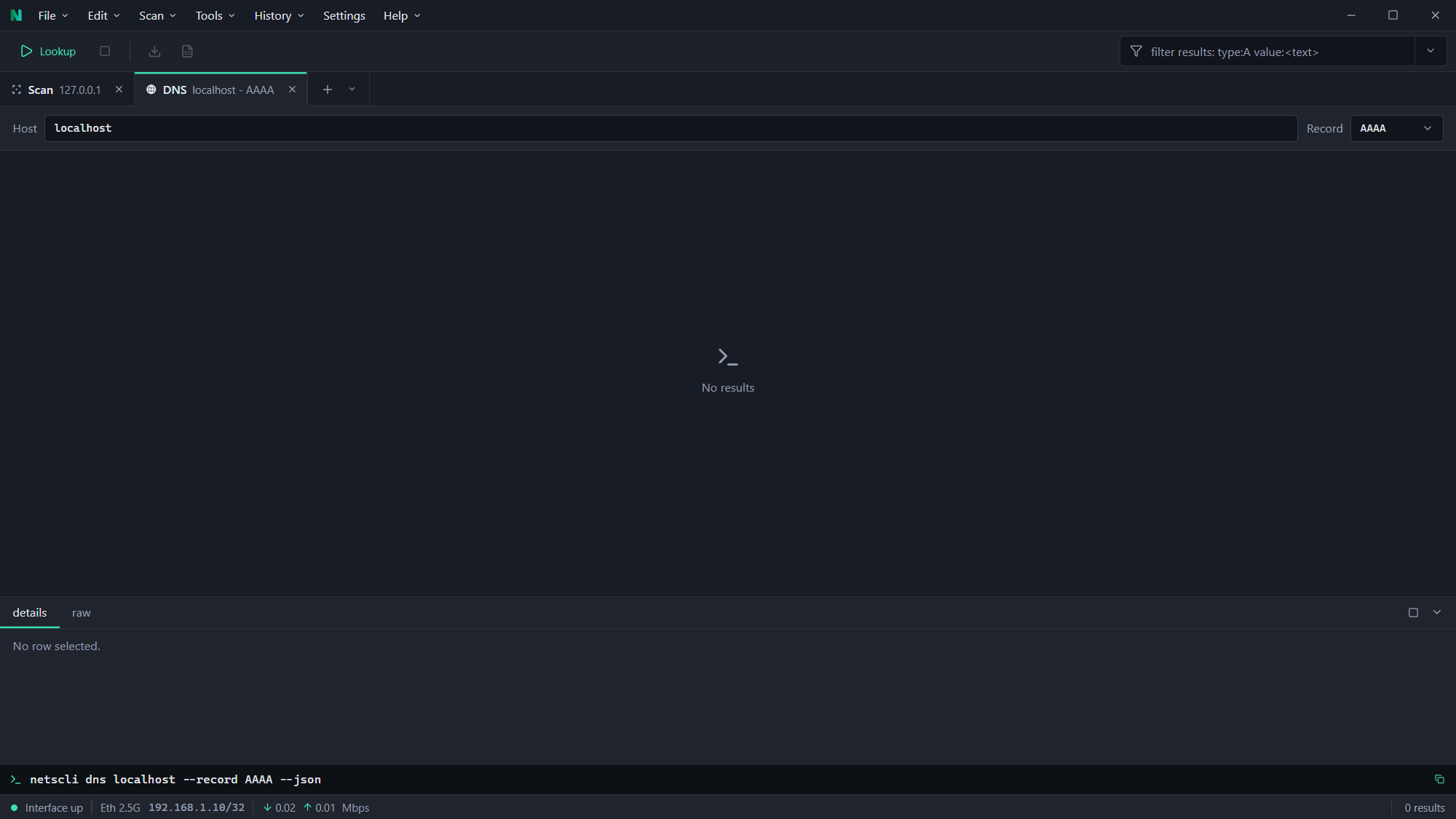 A DNS lookup in NetsCLI Desktop, one row per record with type and value columns