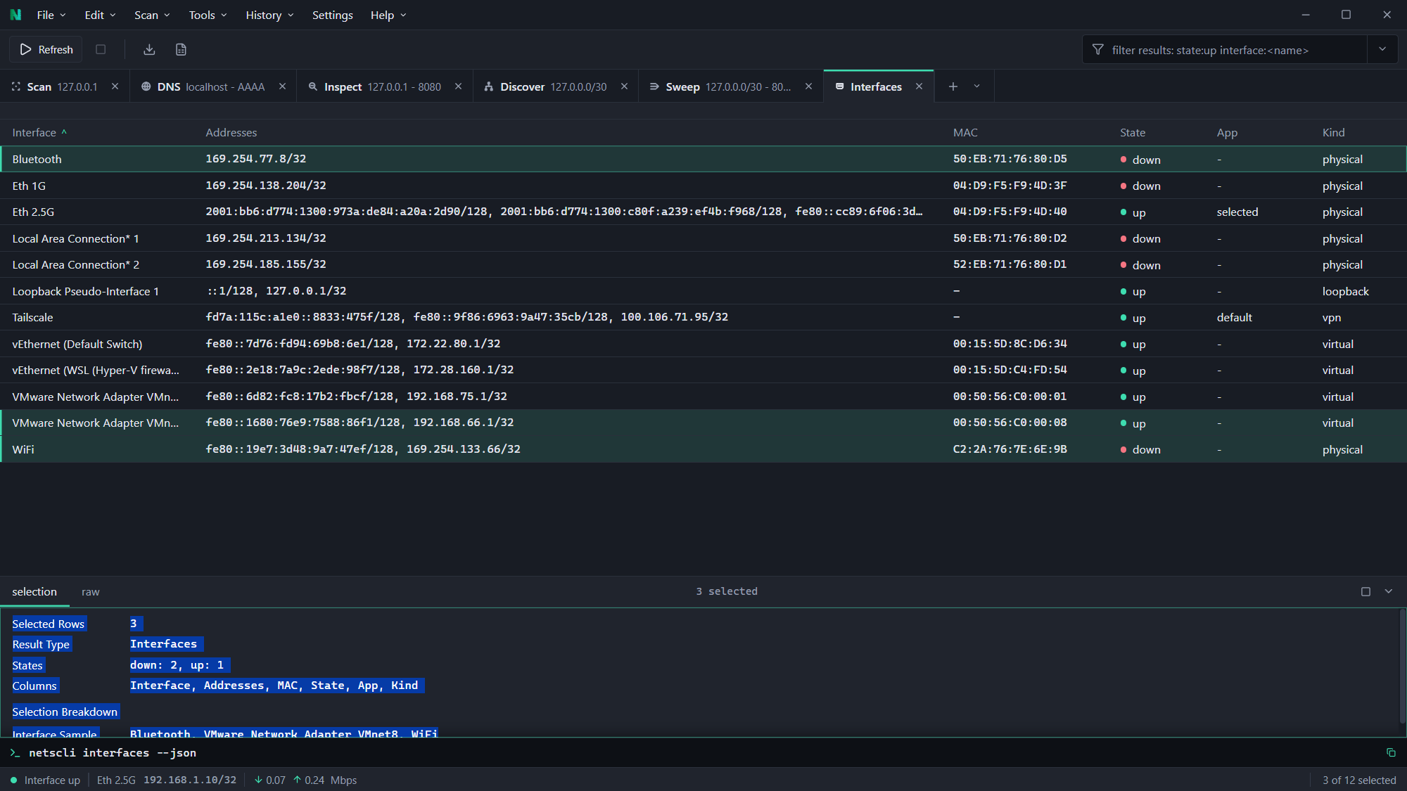 The interfaces view in NetsCLI Desktop, each row showing state, MAC address and assigned addresses