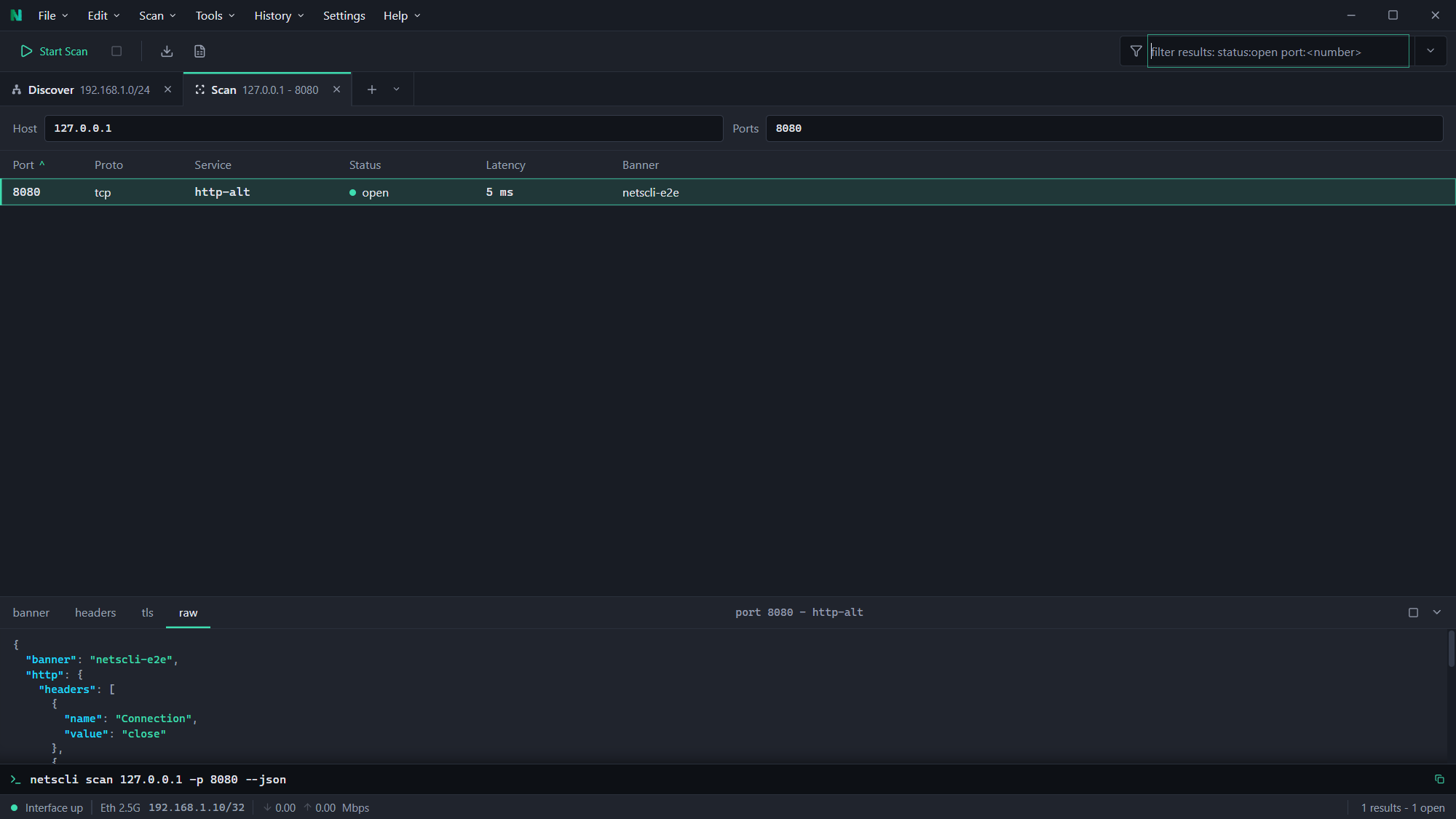 Port scan results in NetsCLI Desktop, with the details pane open below the table showing the banner and raw response for the selected row